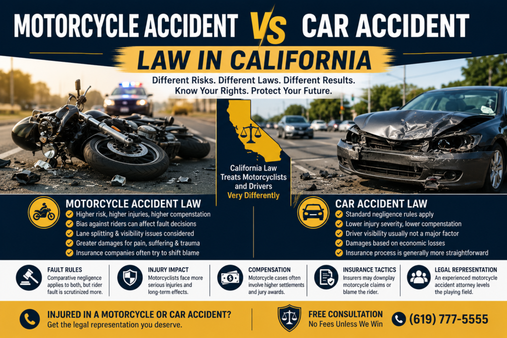motorcycle vs car accident law in california